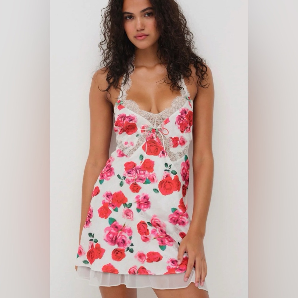 For Love And Lemons Red and Pink Lace trim mini dress